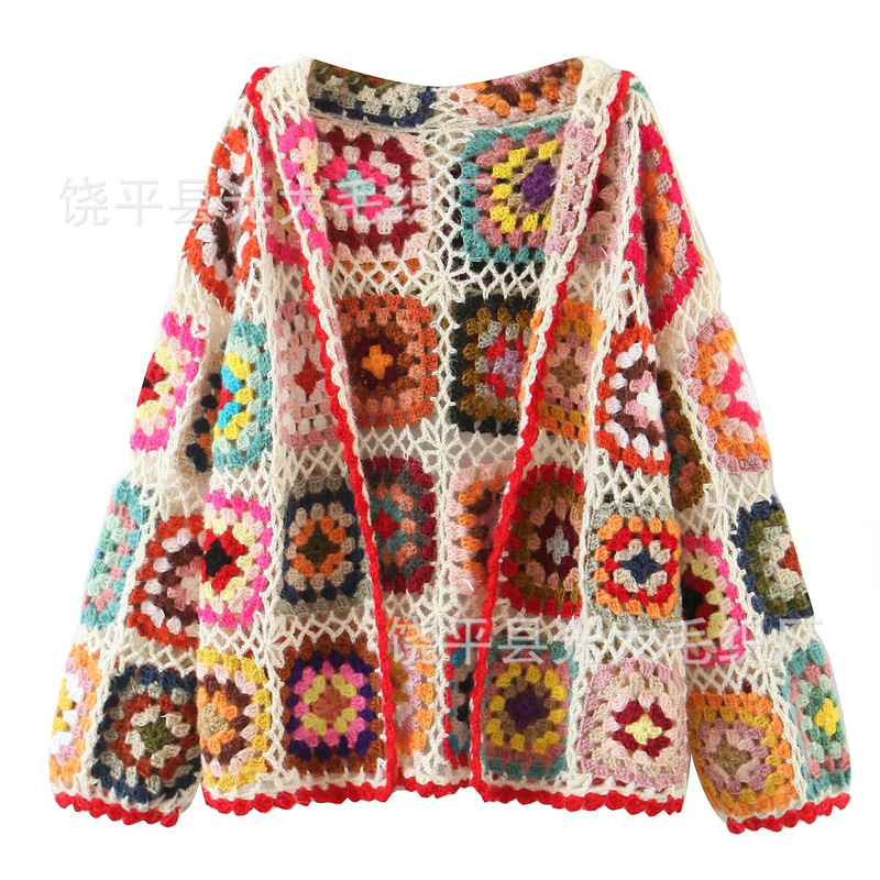 European and American Autumn and Winter New Fashion Handmade Crochet Hooded Cardigan Sweater Women's Foreign Trade Color