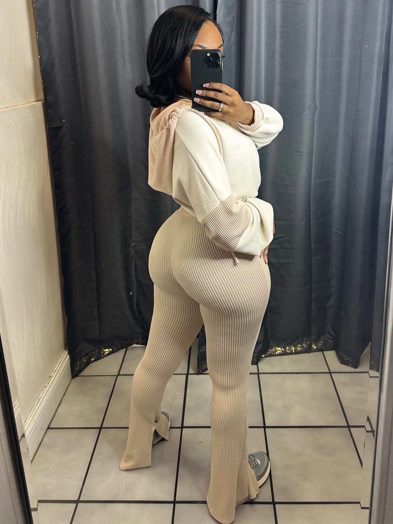 Women Clothing Twist Strip Sweater Stitching Hooded Bell Bottom Pants Two Piece Sets