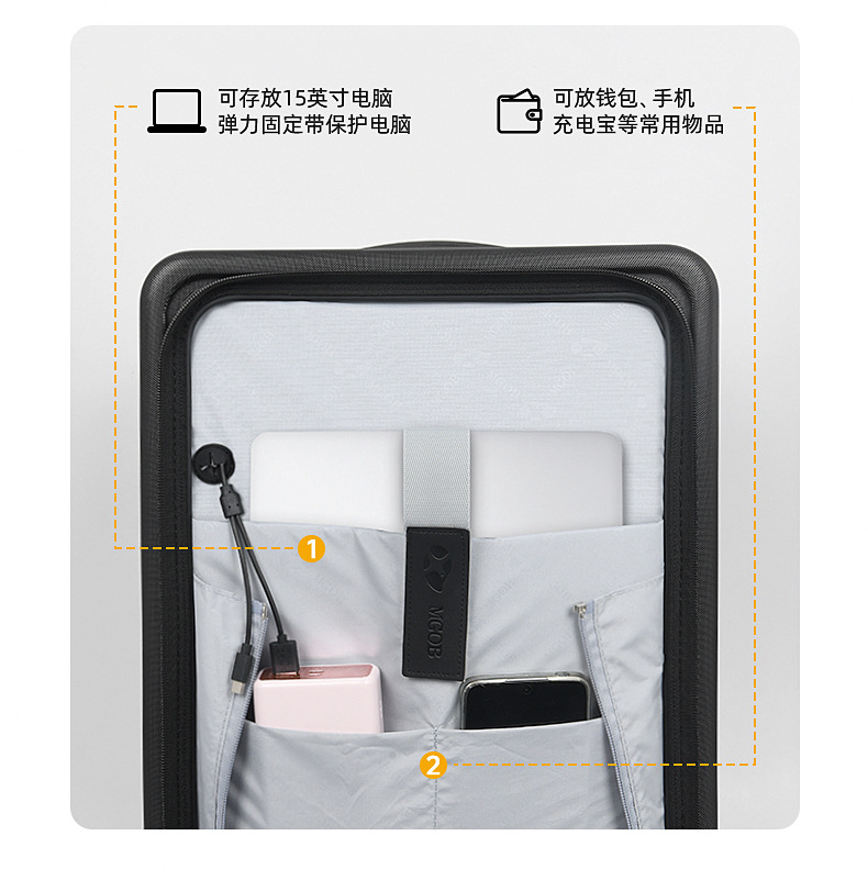 Vali nhựa PC 20 inch mở nắp trước, bánh xe êm, đa năng cho doanh nhân — Cửa trước 20 inch có cổng sạc và lớp mở rộng màu đen chi tiết 6
