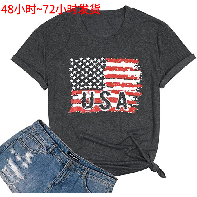 USA July 4th Independence Day Pattern Foreign Trade New Printed Short Sleeve Loose Round Neck T-Shirt Women's