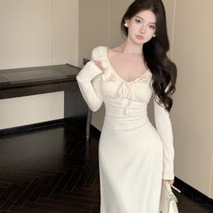 纯欲风秋冬季复古荷叶边绑带显瘦长袖打底长裙子针织包臀连衣裙女