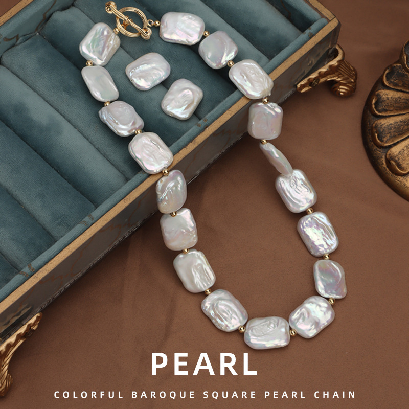 彩光巴洛克方塊珍珠項鍊耳釘天然淡水珍珠小眾輕奢氣質款OT扣