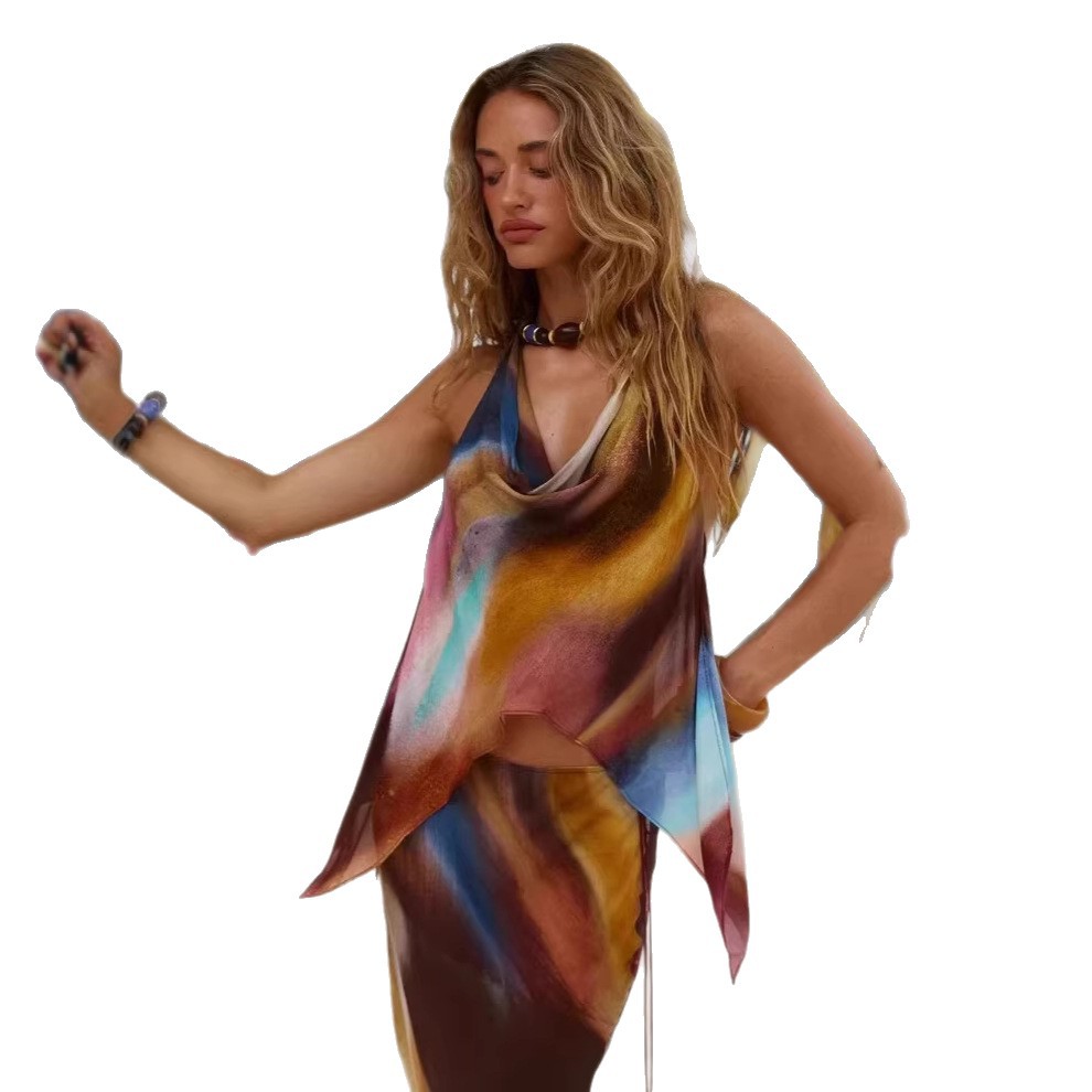 Women's Halter Neck Set American Style Pure Sexy Print Beach Backless Top Tie Up Vacation Look_ecoleips.com