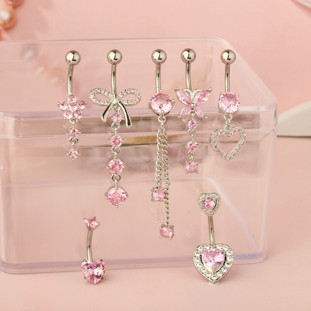 4g Weight Zircon Inlay Material 1 Piece 316L Stainless Steel Zircon Belly Rings Heart Shape Waterproof Non Tarnish Surgical Steel Women's