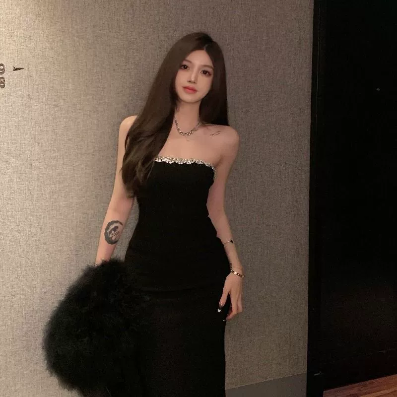 Уникальная элегантная юбка-топ на одно плечо, новое весенне-осеннее платье, черная длинная юбка с разрезом и открытой спиной, летняя