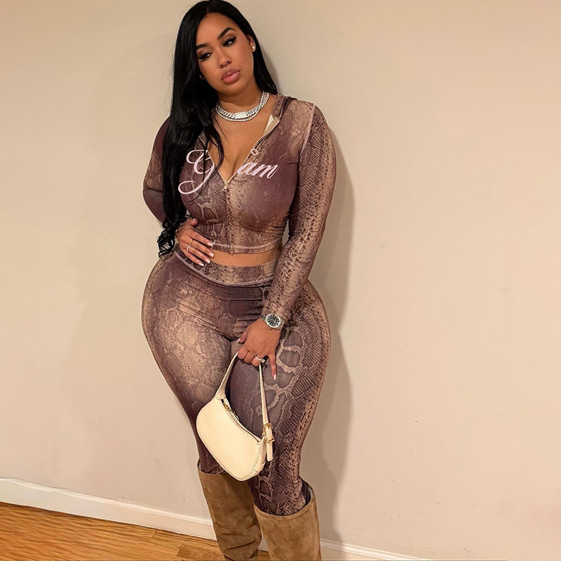 Cross-Border European and American Style 2025 Autumn and Winter New Style Slim-Fitting Cardigan Top High-Waisted Tight-Fitting Printed Pants Suit for Women