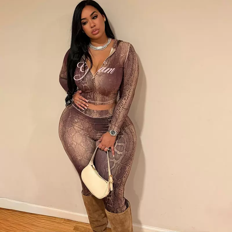 跨境欧美风2025秋冬新款手感修身开衫上衣高腰紧身印花长裤套装女