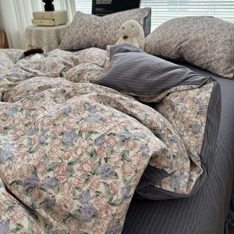 Class A Ultra-Soft Jacquard Double Layer Yarn Washed Cotton Bedding Floral Bed Sheet Quilt Cover Student Dormitory_voghion.com