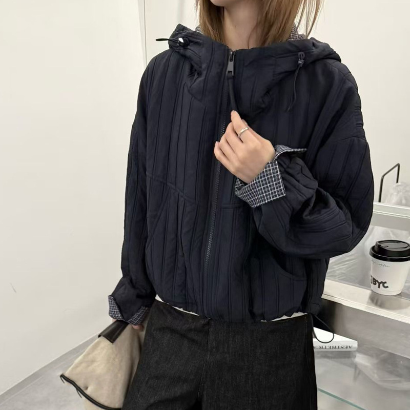 格子拼接袖口连帽薄款棉衣外套女2025秋季新款小个子百搭夹克上衣|undefined