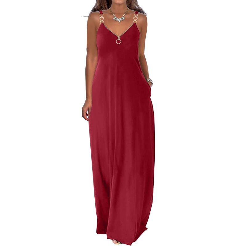 2025 Cross-Border Extended-Length Solid Color Pocket Dress with Straps