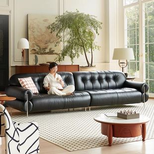 French Retro Light Luxury Leather Sofa High-end Big Black Cow Antique Black Top Layer Cowhide Straight American Sofa