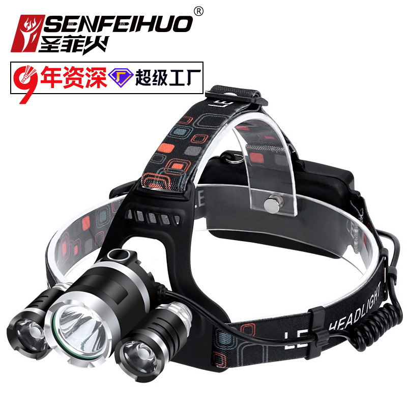 跨境 LED感应强光三头定焦户外远射大功率钓鱼头灯矿灯厂家批发