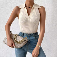 法式高級感氣質黑色顯瘦內搭polo領冰絲上衣女高級無袖針織背心