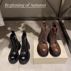 水洗牛皮葡萄妈同款系带粗跟马丁靴女秋冬新款机车靴厚底增高短靴