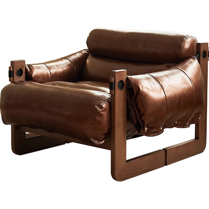 Sofá de madera sólida para una sola persona sala de estar relajado sillón de cuero simple moderno pequeño estilo de cuero medieval