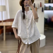 2026春夏新款钩花刺绣衬衫棉麻复古休闲宽松开扣上衣短袖衬衣女