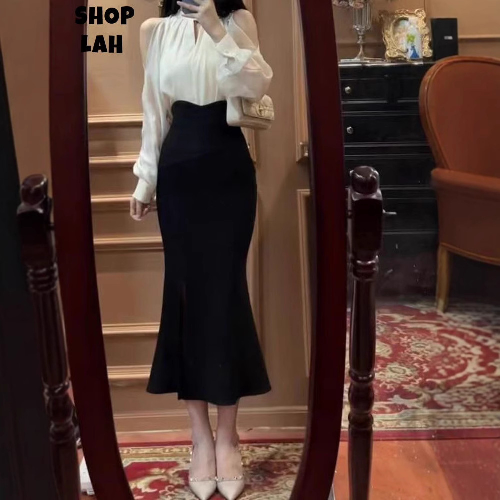 Summer New Elegant High Waist Split Black Fishtail Skirt New Tight Long Hip Half-length Skirt