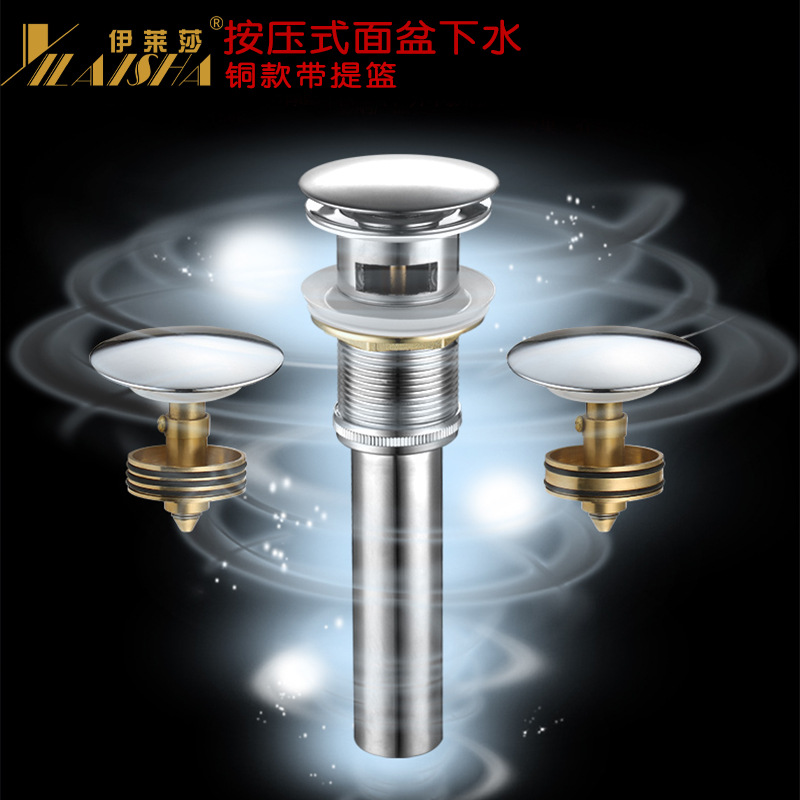 De estilo europeo escurridor tubo de cobre con cesta cuenca de vidrio accesorios de drenaje prensa rebote de agua