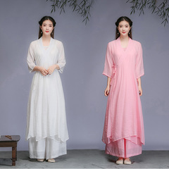 新款  3件套禅意女装文艺复古汉服春 唐装中国风禅修茶服粉色白色