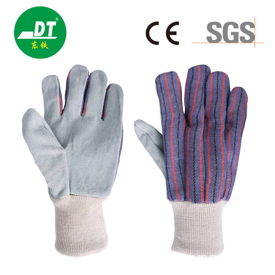 【厂家直销】优质牛皮条纹罗口半皮防护手套 园林建筑舒适牛皮手