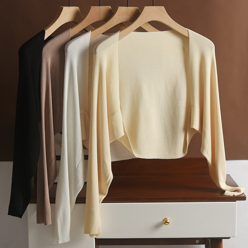 Linen Ice Silk Knitted Long-Sleeved Cardigan Women's Short Waistcoat Summer with Skirt Blouse Thin Shawl with Sun Protection Clothing