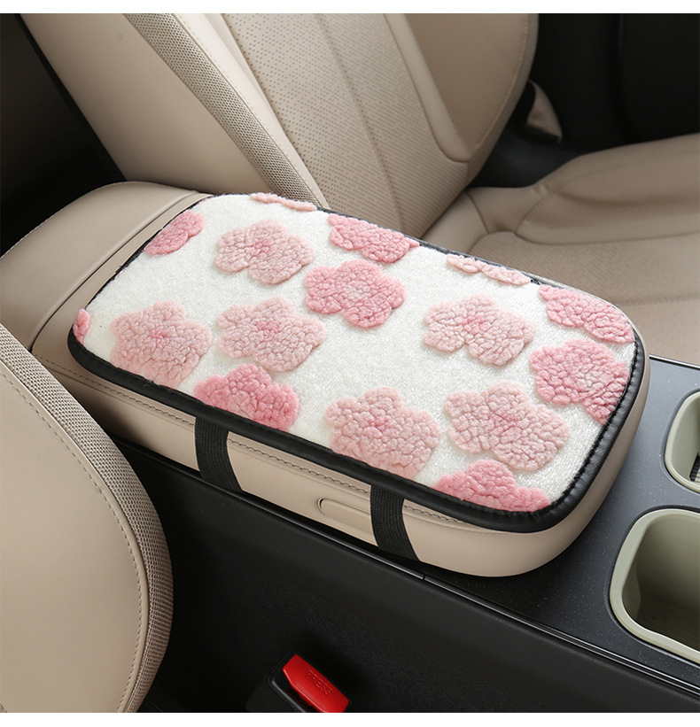 2025 Trendy Winter Lamb Wool Car Armrest Box Mat with Small Flowers in 6 Colors, Sweet Decorative Mat, Storage Bag, Protective Mat