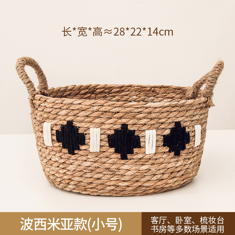Cesta de almacenamiento doméstica tela de paja cesta de almacenamiento portátil estilo pastoral residencial artesanal tela de caña snack juguetes cesto de almacenamiento