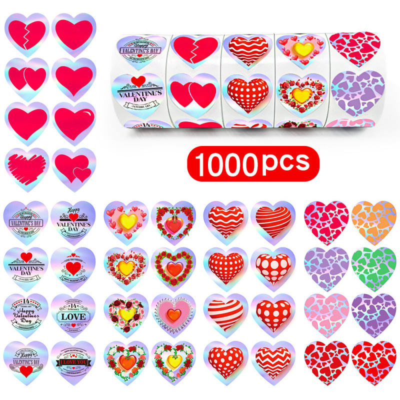 1000贴/件，1英寸全息彩色 LOVE情人节--素面镭射贴纸-可爱小动物