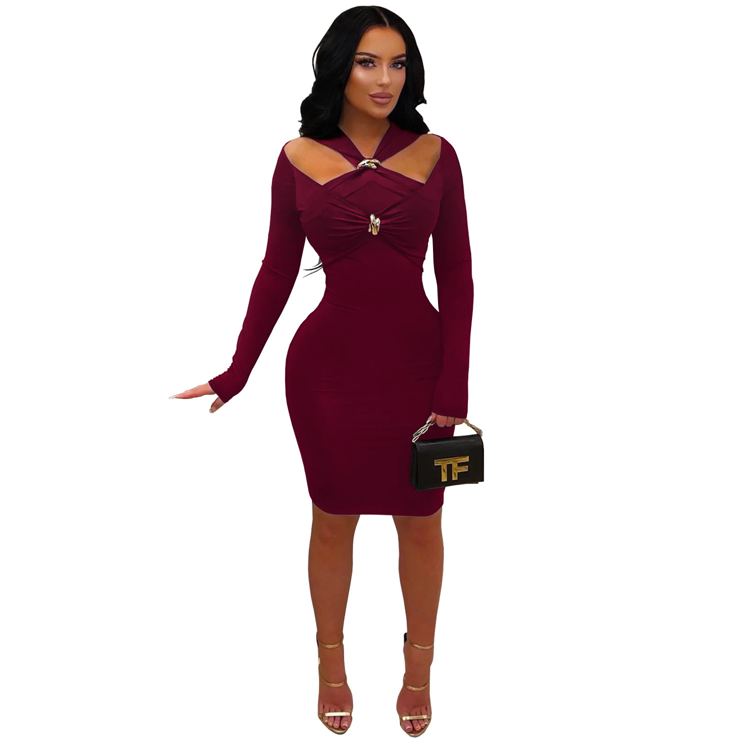 C7627 Aliexpress transfronterizo Amazon Europa y América moda de mujer temperamento hombro abierto delgado bolsas de cadera vestido sólido image 8