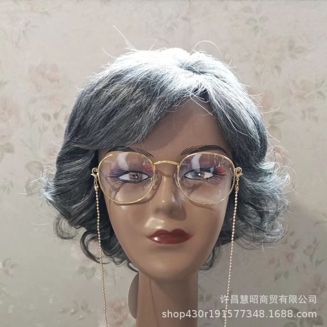 Wig Performance Props for Elderly Women, White Hairpiece, Short Curly Gray Hair for Elderly Women