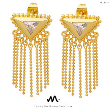 个性优雅设计不掉色黄铜材质镶嵌锆石三角形流苏耳环钛钢耳针配饰