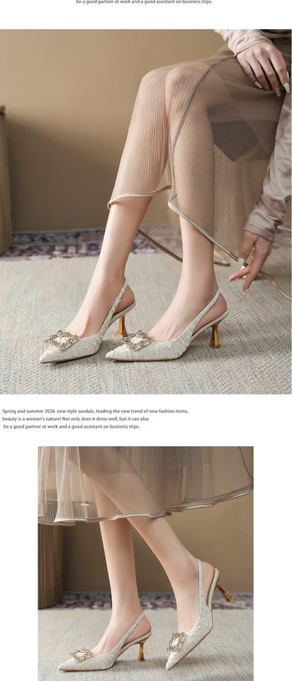 Sandal nữ bít mũi mũi nhọn gót mảnh 6–8 cm, quai ngang khóa vuông, chất liệu lụa satin xếp nếp — Màu be, Màu xanh dương, Vàng hồng, màu đen chi tiết 8