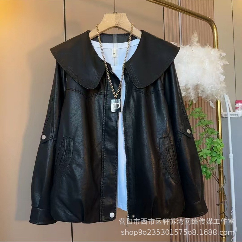 新款遮肉显瘦气质百搭休闲皮衣秋款大码微胖MM款时尚皮夹克外套