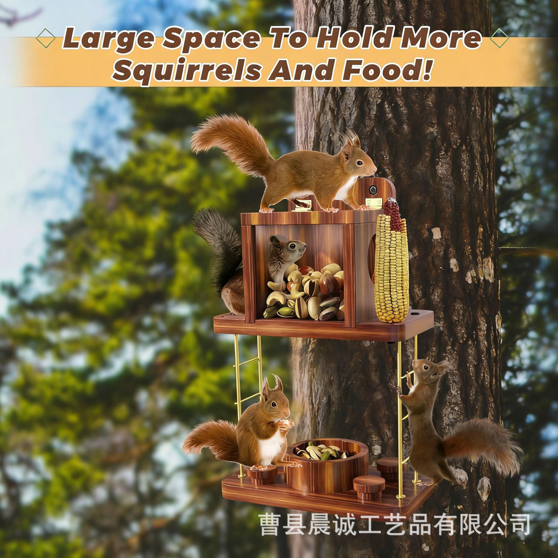 跨境木质松鼠喂食器户外双层宠物窝花栗鼠松鼠投食器野餐桌鸟站台