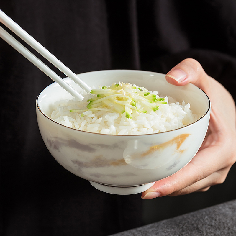 Dehua Jade Porcelain Gold and Jade Tableware, Light Luxury, Exquisite, Simple, High-End Feel, Household Rice Bowls and Plates Wholesale