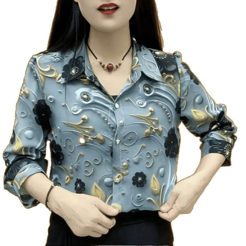 ママの服 2024 秋の新女性のファッショナブルなプリント花柄ラペルシャツ女性の夏のお腹カバートップ|undefined