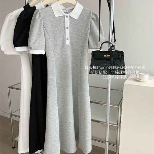 French puff sleeve short-sleeve dress for women, summer, waist-cinching, slimming, stomach covering, POLO collar, long dress
