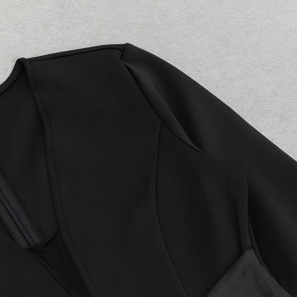 Autumn Winter V neck Stitching Tight Waist Irregular Asymmetric Hip-Wrapped Dress Long Sleeve Dress Evening Dress