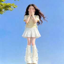 大童多巴胺套装女孩夏季新款时尚假两件抽绳短袖花边半身裙两件套