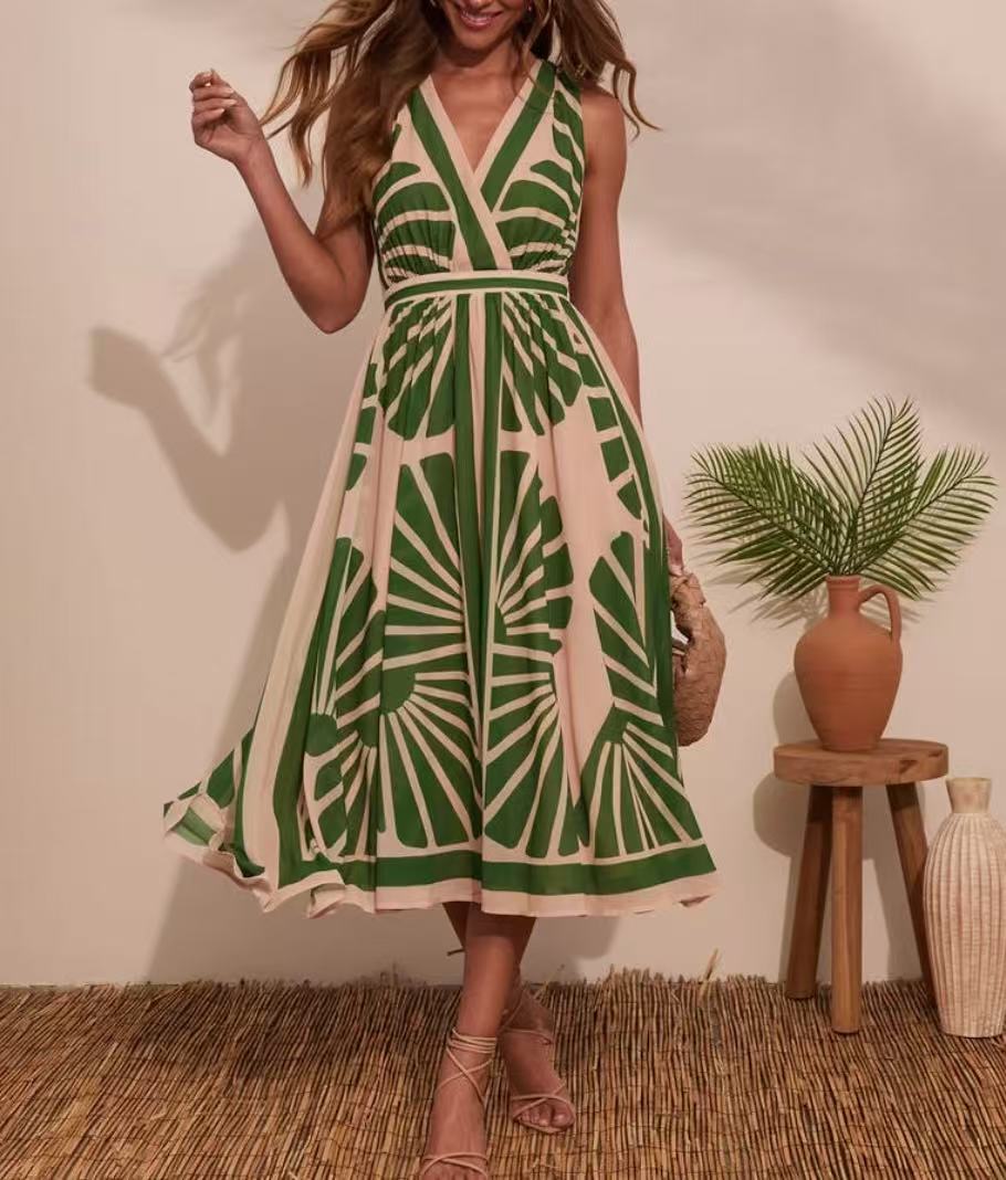 2025 Cross-Border Foreign Trade European And American Women's Clothing V-Neck Sleevel Bohemian Printed Long_ecoleips.com