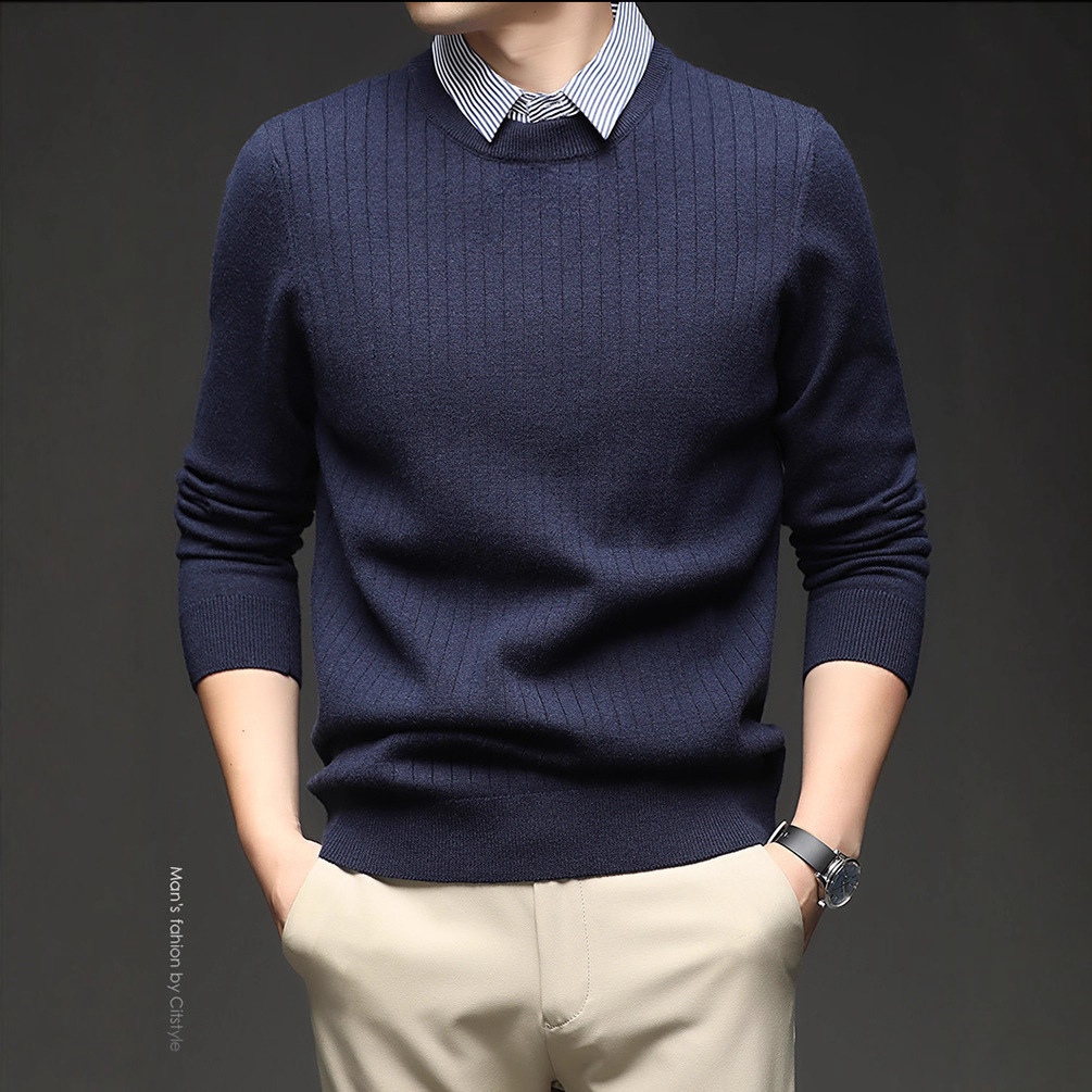 Camisas de punto para hombre simple nuevo falso de alta gama de dos piezas chaqueta casual otoño invierno chaqueta de rayas verticales cabeza suéter de manga larga