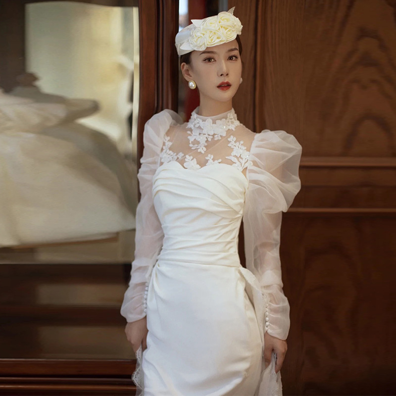 Vestido de Novia Ligero Estilo Francés 2025, Nuevo Vestido de Cola de Pez, Adelgazante, para Recepción y Despedida de Novia, Elegante Vestido de Noche de Manga Larga para Eventos Sociales image 7