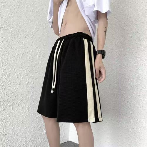 Waffle Short Shorts for Men - Summer Striped Athletic Fashion Trendy Cool Outerwear Basketball Wide Leg Five-Eighth American Loose