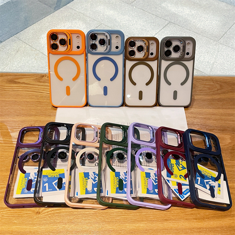 Apple 17Promax Lens Stand Magnetic Phone Case para iPhone 16 con película de lente 15 Case a prueba de caídas