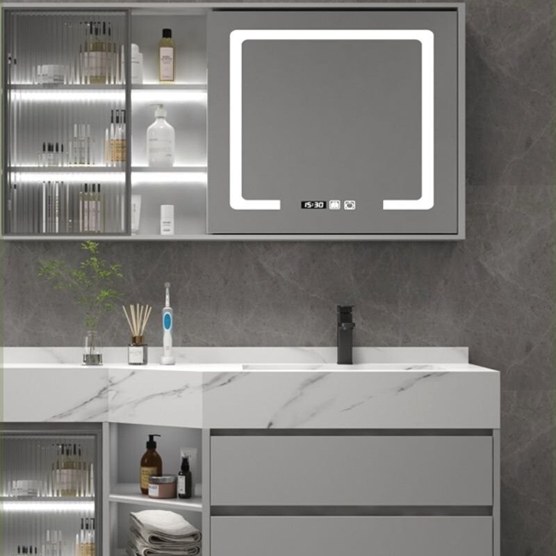 Simple Angled Rock Slab Bathroom Cabinet with Narrow Washbasin, Angled Seamless Integrated Basin, Washbasin Cabinet Combination