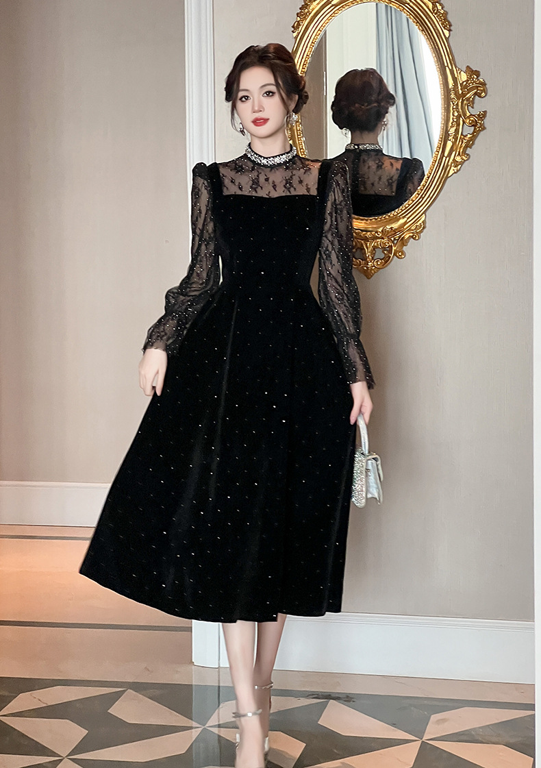 Đầm nhung đính kim cương cổ tròn eo thả dáng giả hai lớp — đen chi tiết 6
