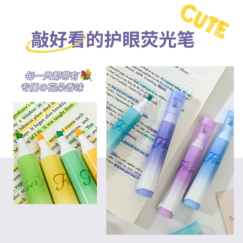 Fluorescent highlighter pens, capacious scented teaching set, eye-protection tip, 4‑piece box