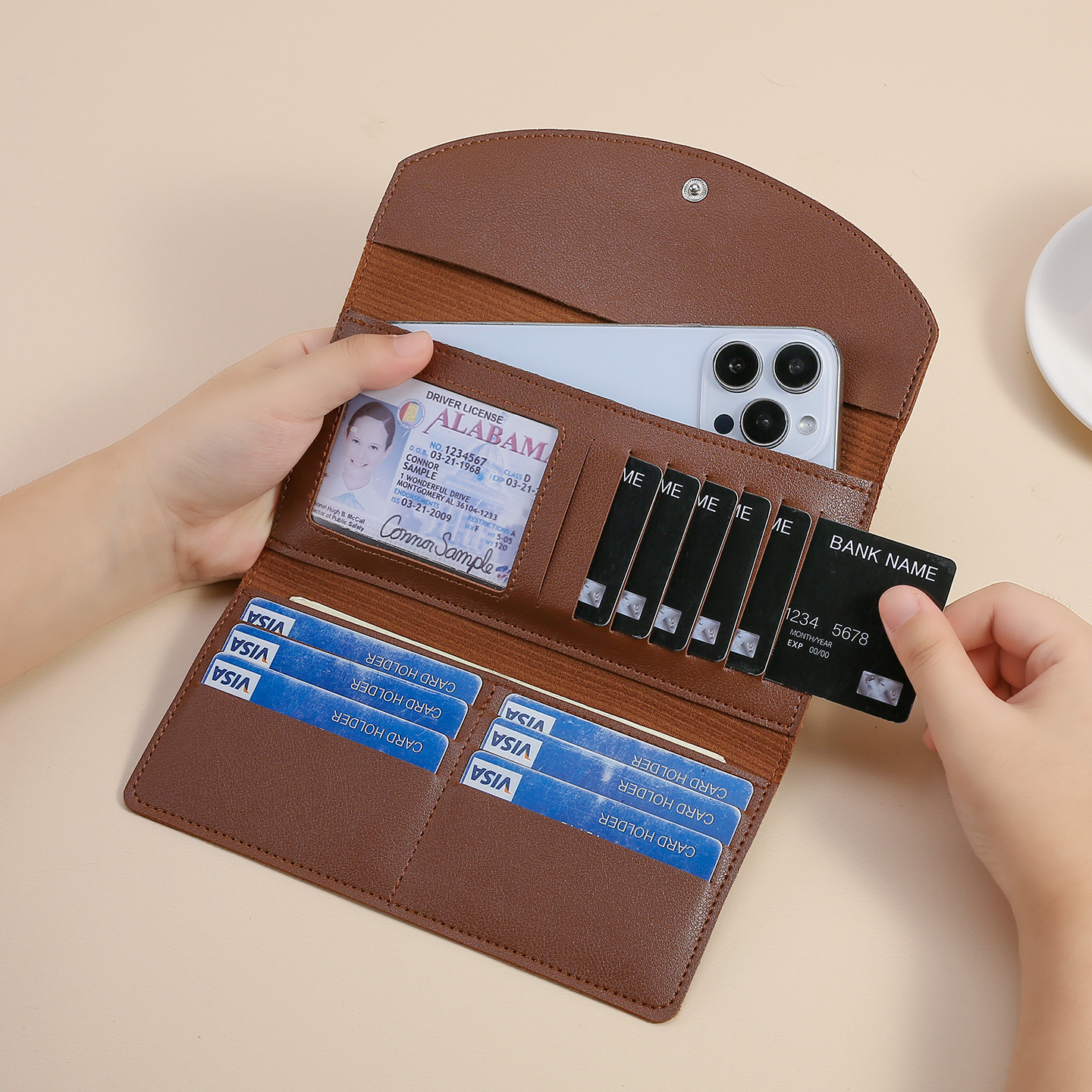Cartera japonesa de cuero suave, bolsa de tarjetas de crédito plegable de tres partes, tarjeta plegable de cuero de vaca, lichi, cremallera, bolsa de cambio para mujeres