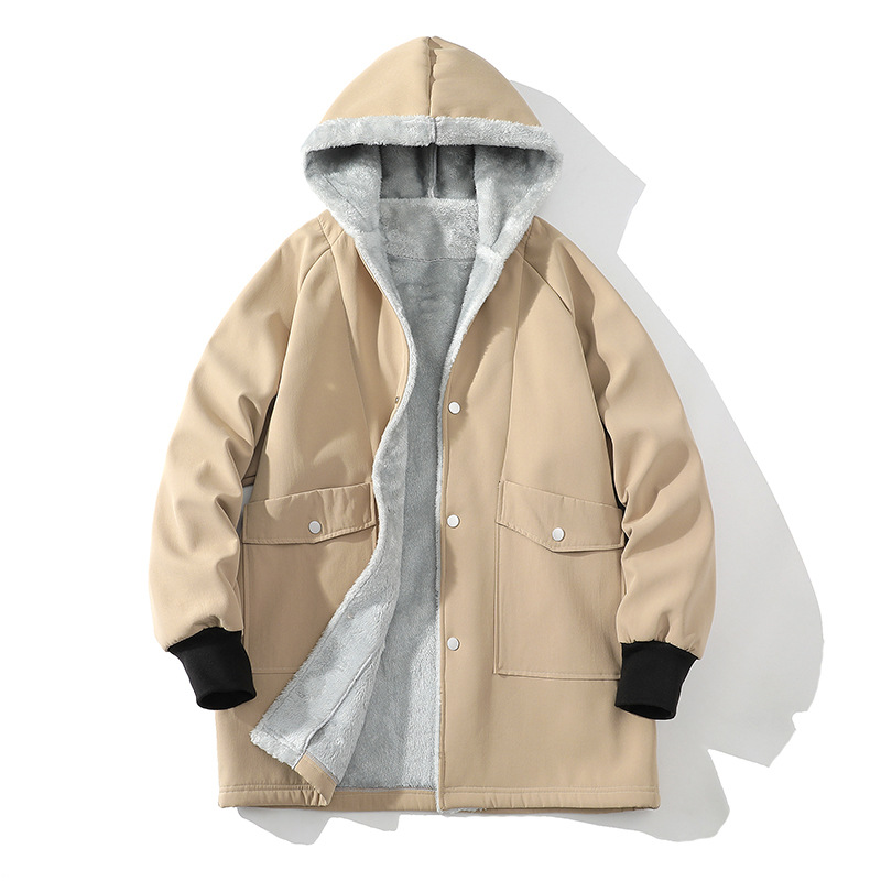 2024 가을, 겨울 남성용 대형 코튼 윈드 브레이커 플러스 벨벳 두꺼운 셰르파 윈드 브레이커 남성용 중간 길이 모직 코트 크로스 보더