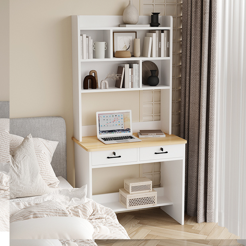 Bookshelf and Desk in One: Simple Small Computer Desk for Home, Bedroom, Study, Writing Desk with Book Cabinet, Real Wood